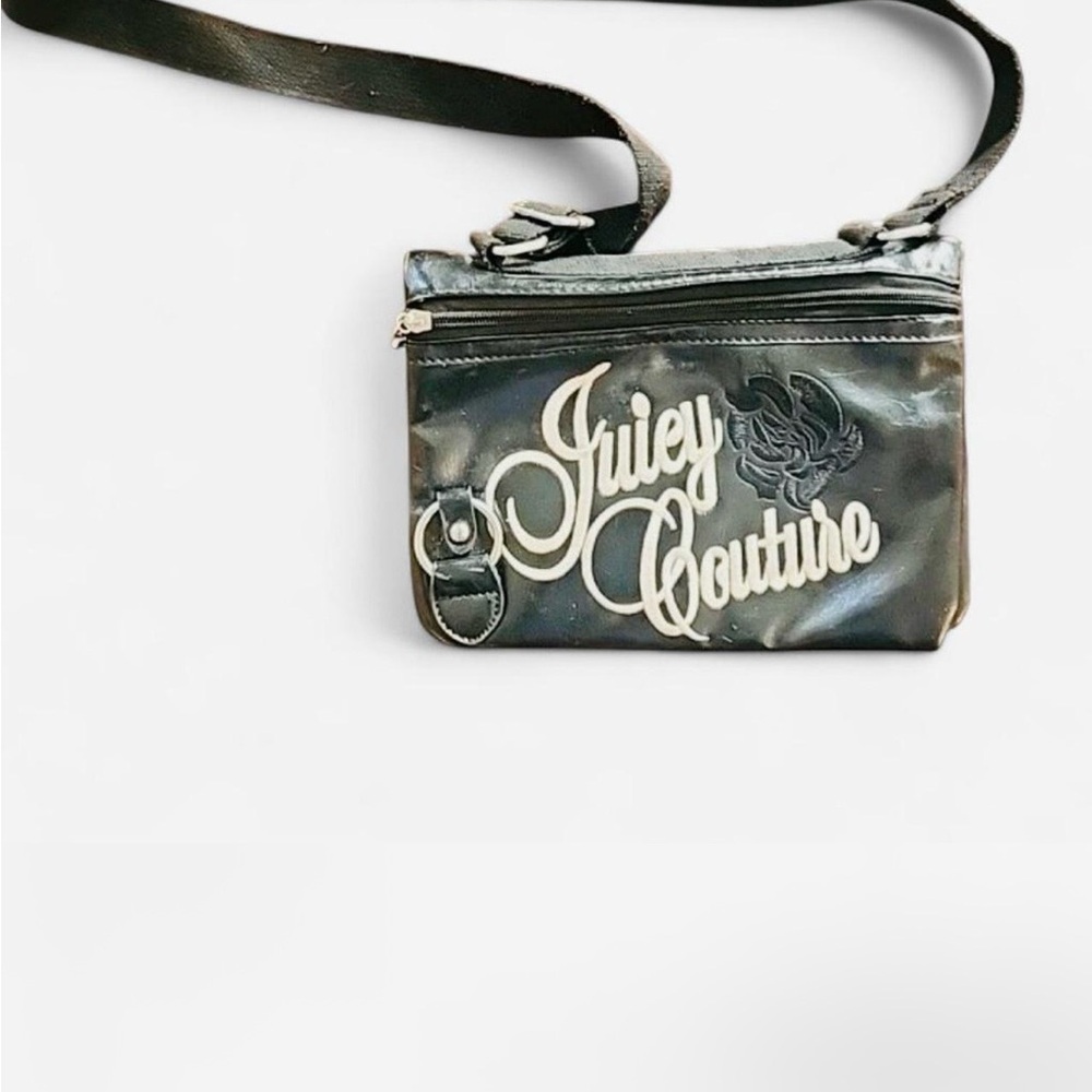 Juicy Couture Black Crossbody Bag Leather Trim Crown Print Interior Script Purse
